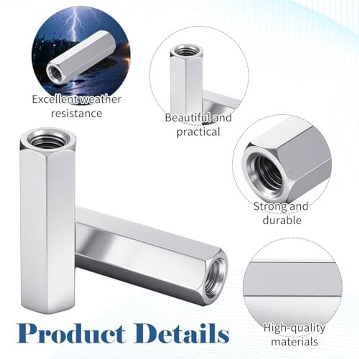 Hex coupling nut with internal threads, silver stainless-style finish, 4-pack