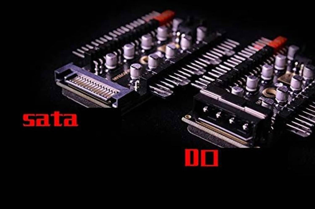 SATA connection area on PC fan hub controller with two SATA ports and pin sockets