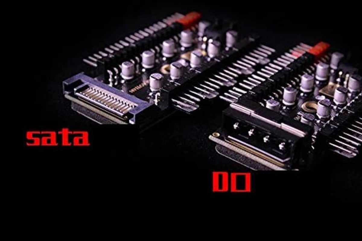 SATA connection area on PC fan hub controller with two SATA ports and pin sockets