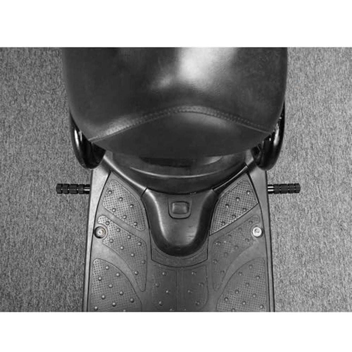 Passenger scooter footrest pegs mounted on front footboard, centered top view