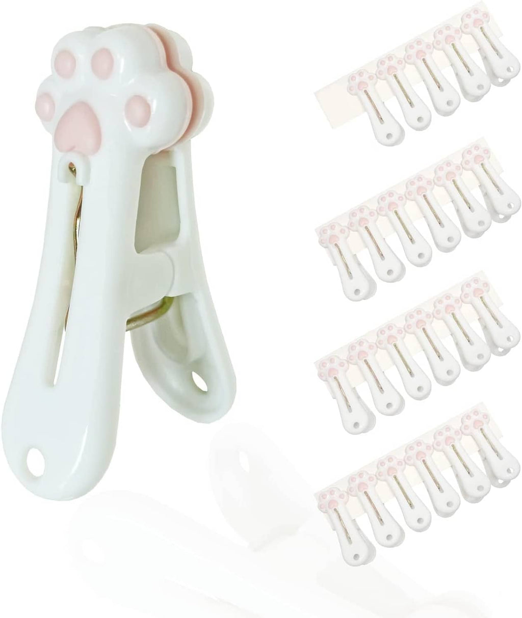 Paw-shaped plastic clothespins, white with pink pads; one clip and strip, 24-pack.