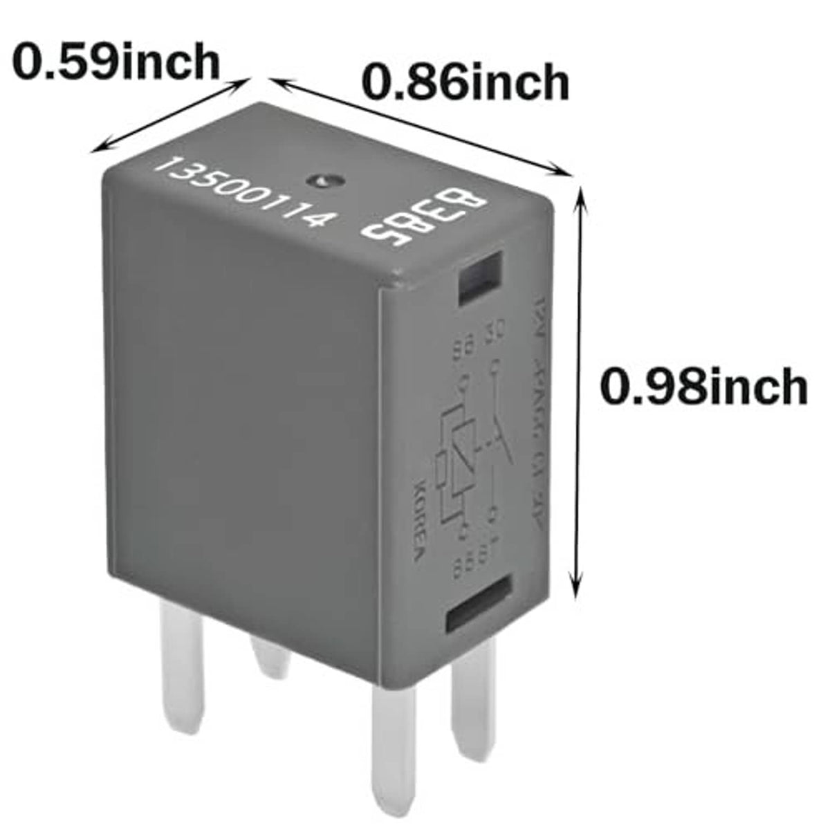 4-pin fuse relay with four-prong base, compact dark gray body with terminal markings
