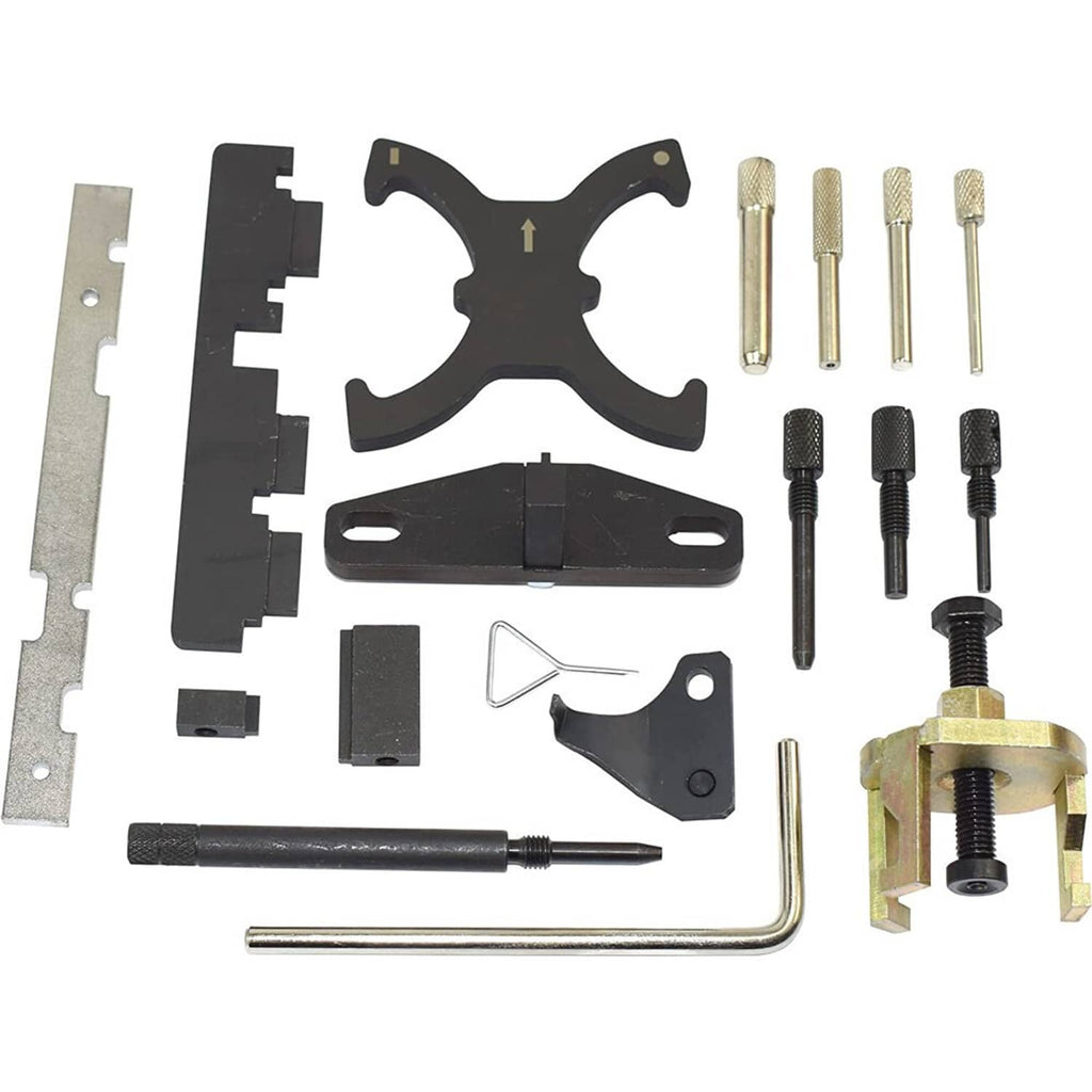 Engine timing tool kit parts: black plates, pins, bolts, and alignment tools