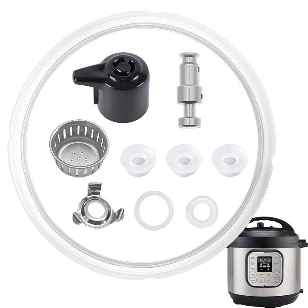 Instant Pot replacement parts kit with black knob, metal valve, and sealing rings