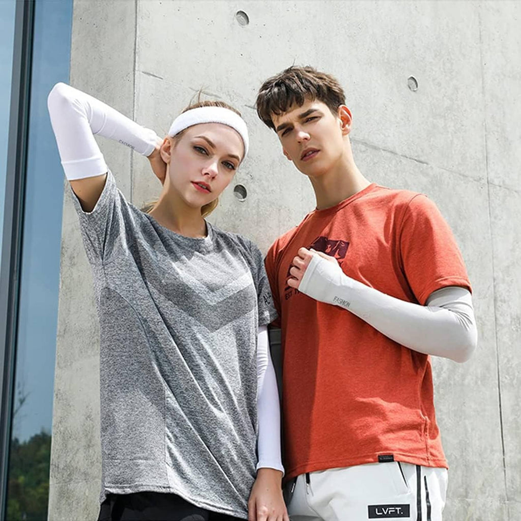 Cooling arm sleeves on forearms, white sleeves worn by two athletes