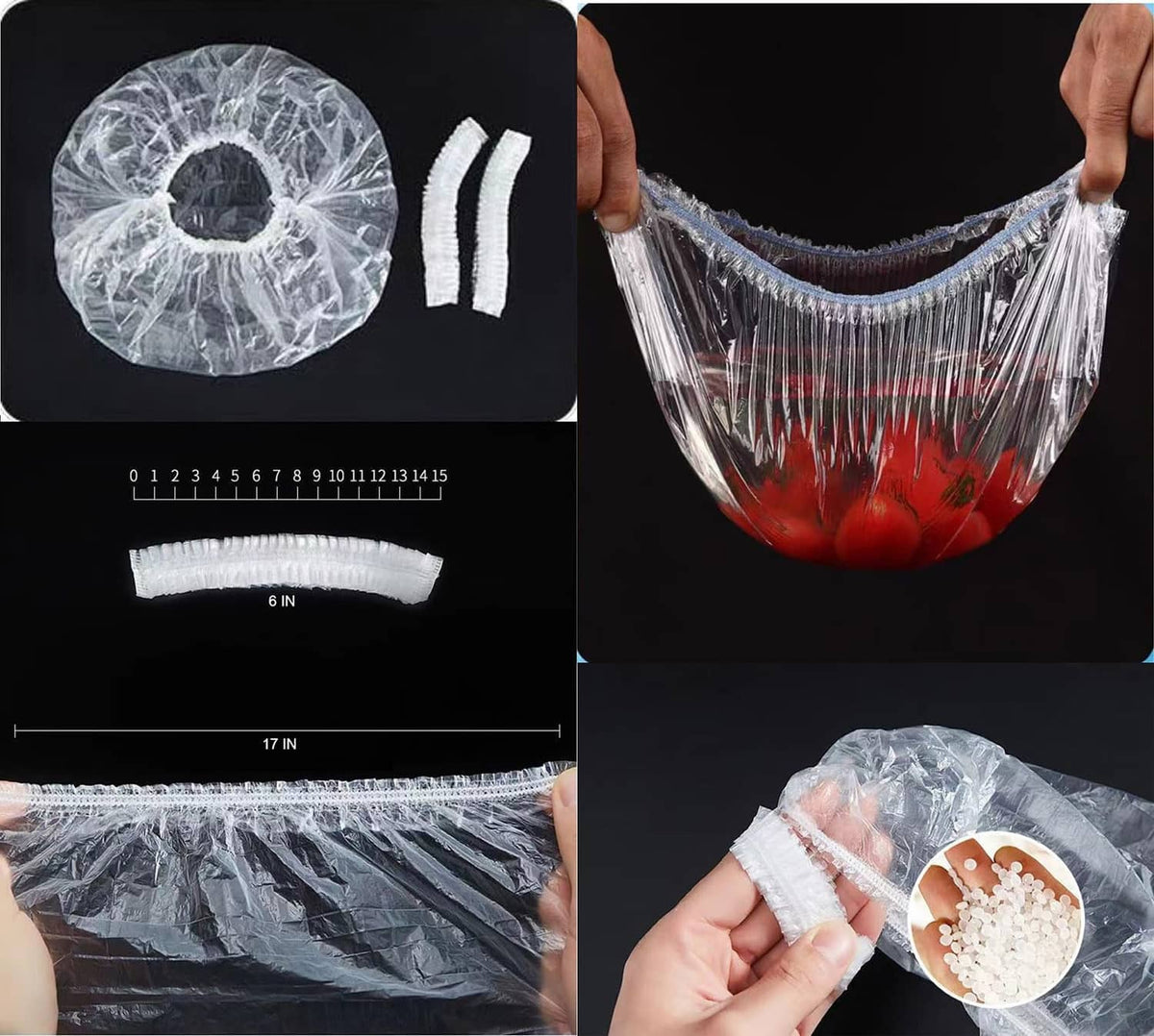 Set of clear plastic shower caps and elastic bands, size-marked pieces