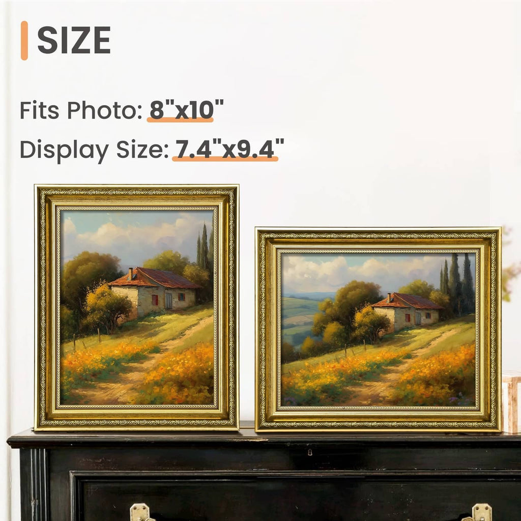 Two ornate gold picture frames for 8x10 photos, vintage decorative border