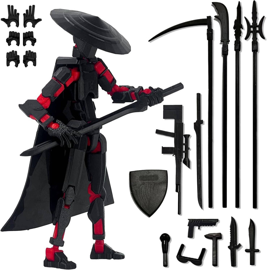 Red-and-black multi-jointed action figure with black cape hat and weapon accessories
