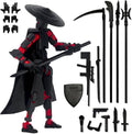 Red-and-black multi-jointed action figure with black cape hat and weapon accessories