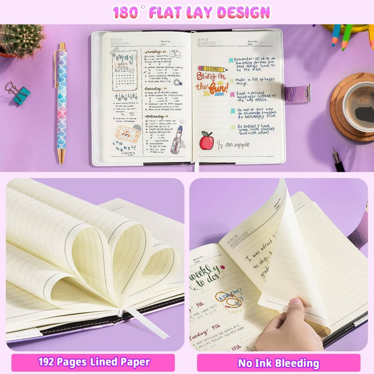 Purple diary with 192 lined pages, flat lay design, and no-ink-bleed paper