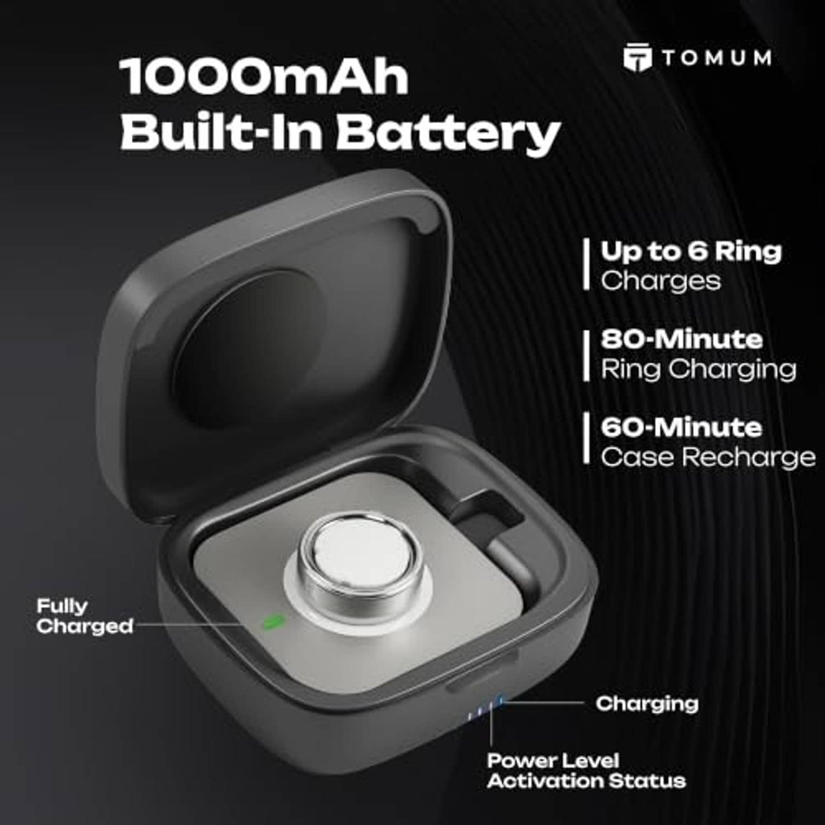 Dark gray charging case open, circular ring cradle with charging pin