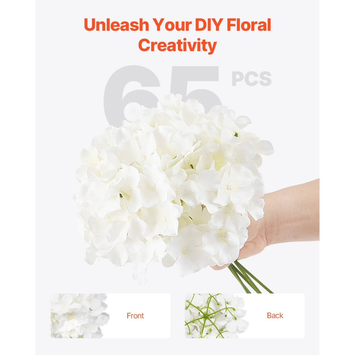 White artificial hydrangea bouquet held by hand, rounded blooms with visible green stems