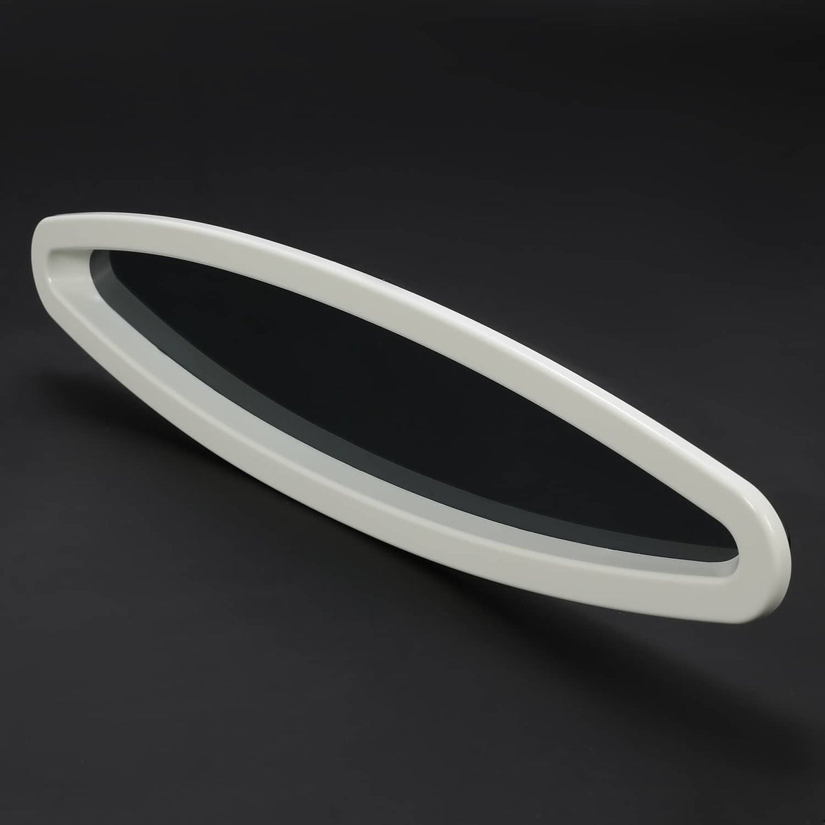 Oval boat window outer ring with white frame and blue-gray tinted glass, angled view