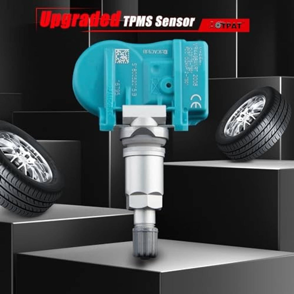 Turquoise TPMS sensor with metal valve stem, close-up product view
