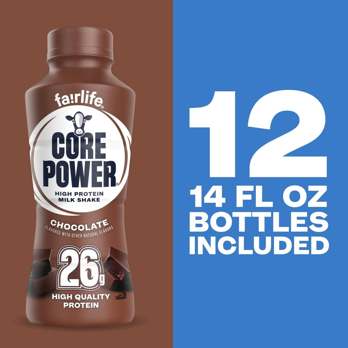 Chocolate protein shake bottle with “12 14 fl oz bottles included” text