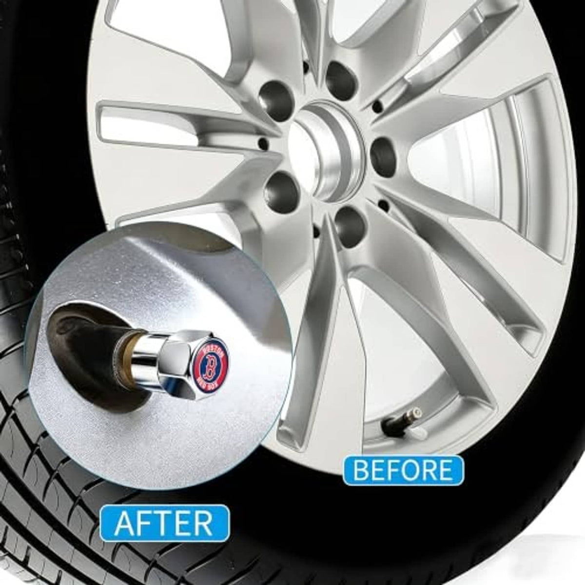 Valve stem cap installed on a car wheel; silver cap with Boston Red Sox logo