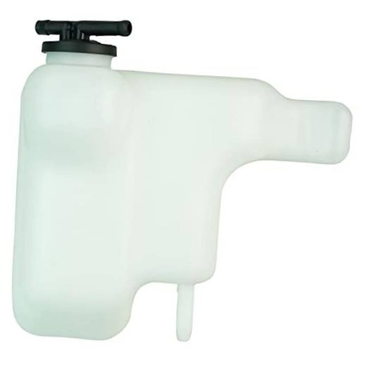 Translucent coolant reservoir tank with black cap and hose nozzle