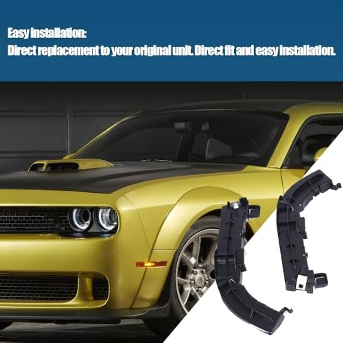 Front bumper support brackets pair, black plastic, with metal mounting posts