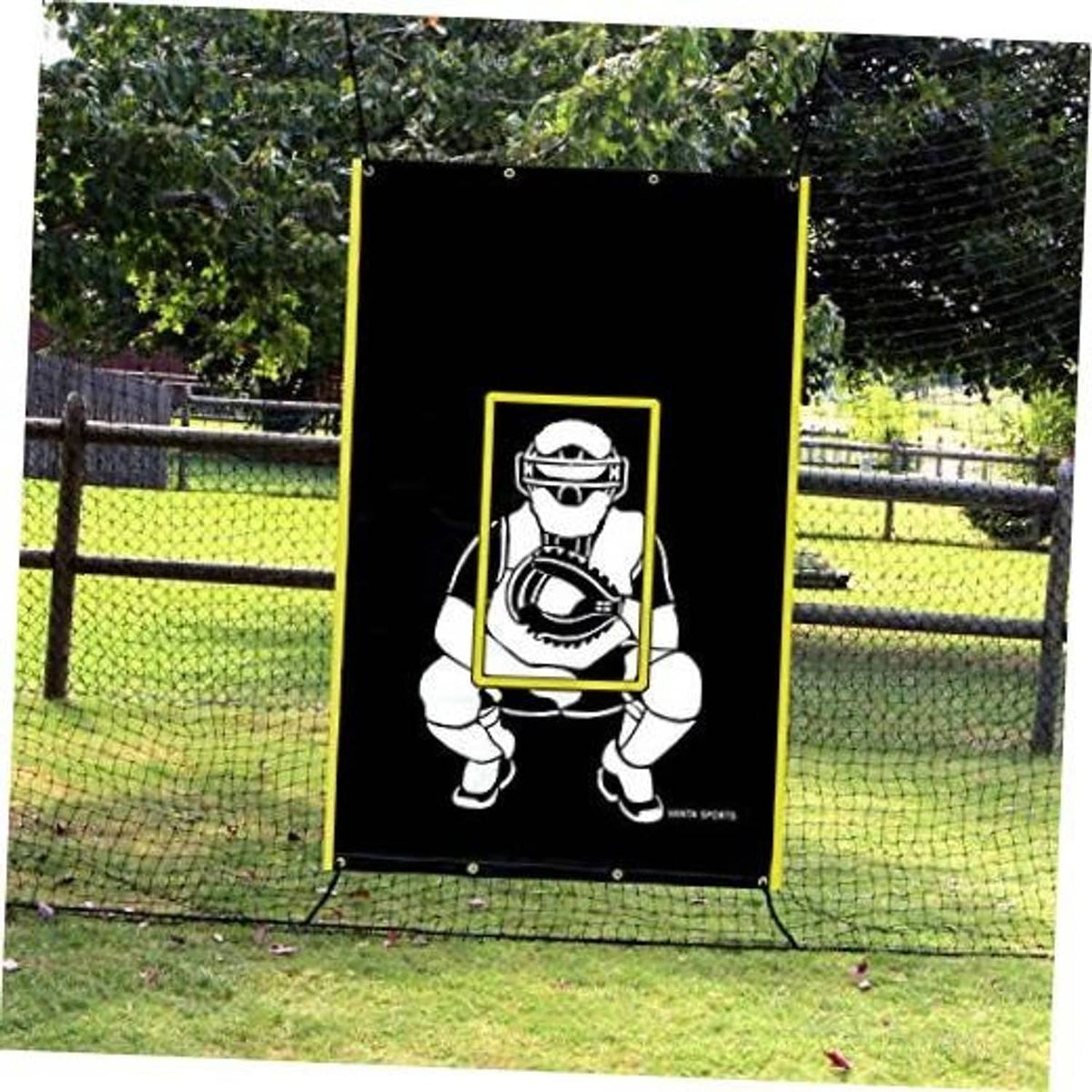 Black vinyl baseball backstop with catcher graphic and yellow strike zone outline