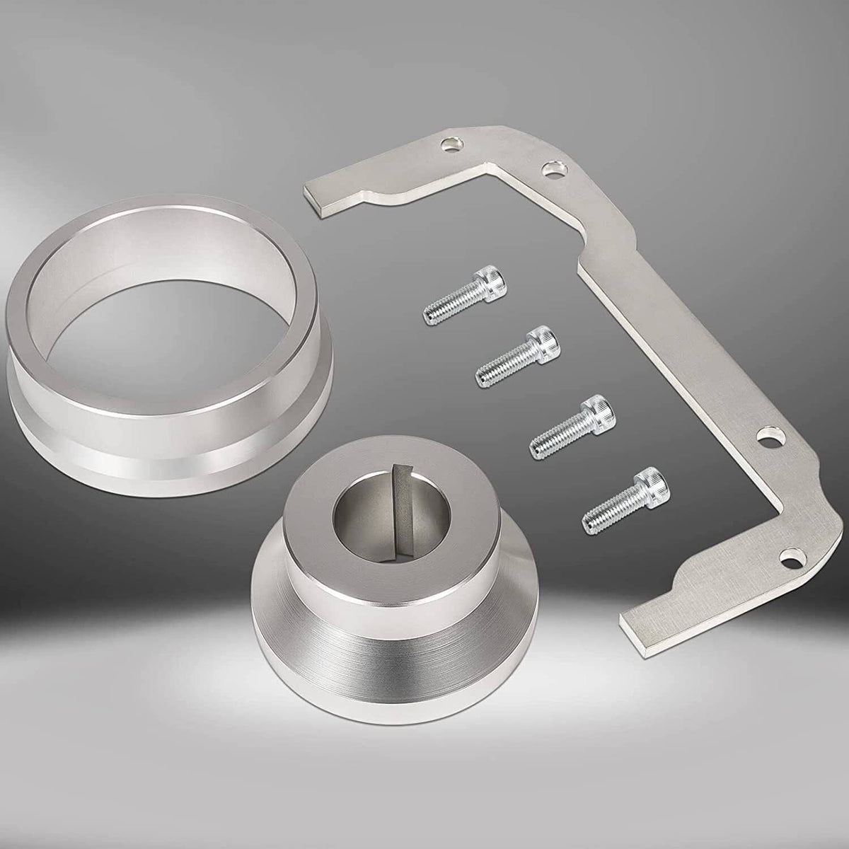 Alignment tool kit set: two machined rings, metal plate, and four screws on stand