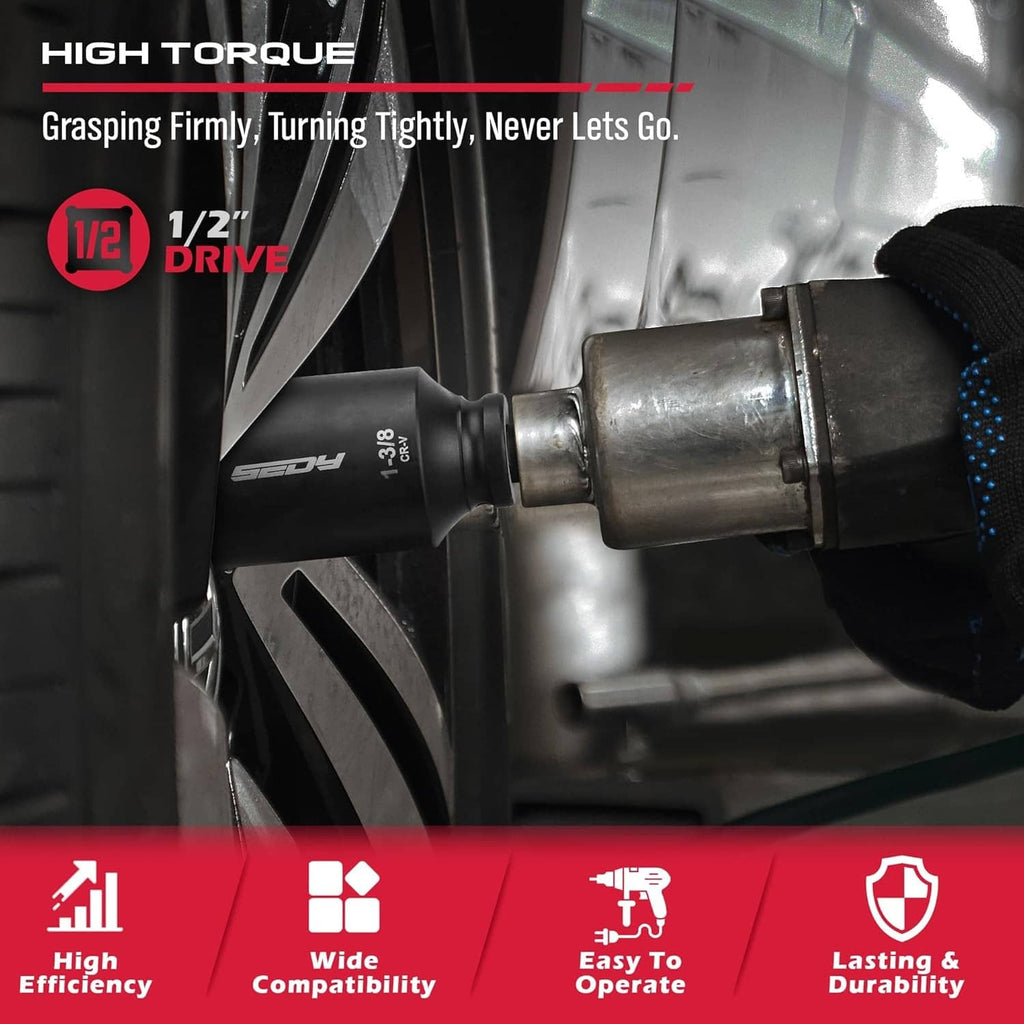 Black 1/2-inch drive impact socket attached to a power tool