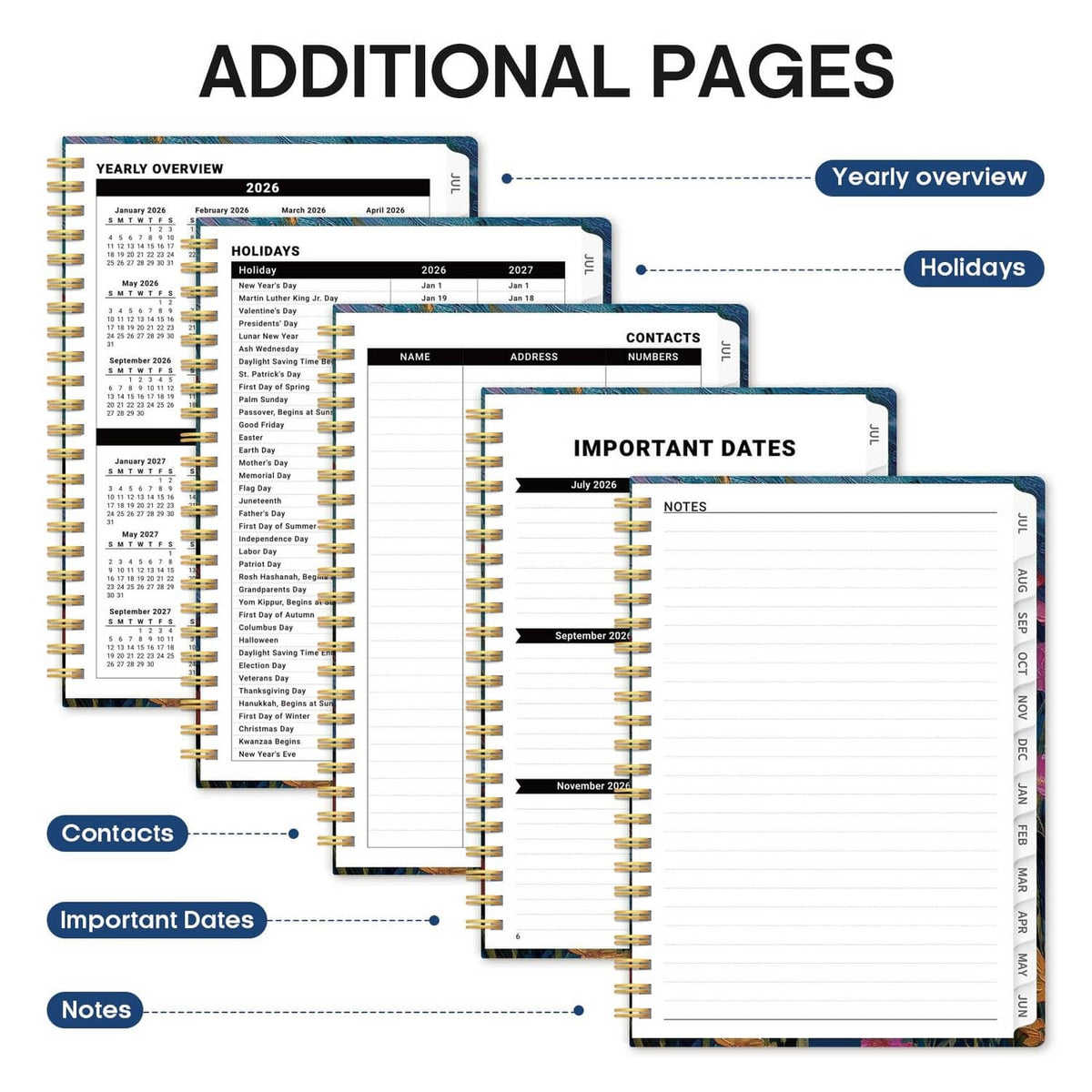 Planner additional pages with contacts, important dates, and notes sections, gold spiral