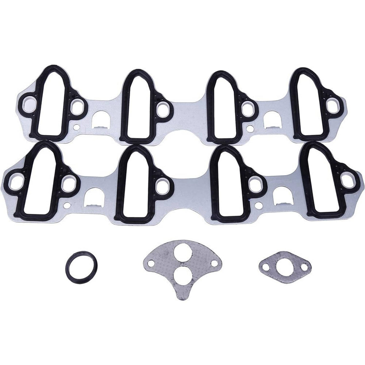 Intake manifold gasket set with black gaskets, metal gasket plates, and O-ring seal