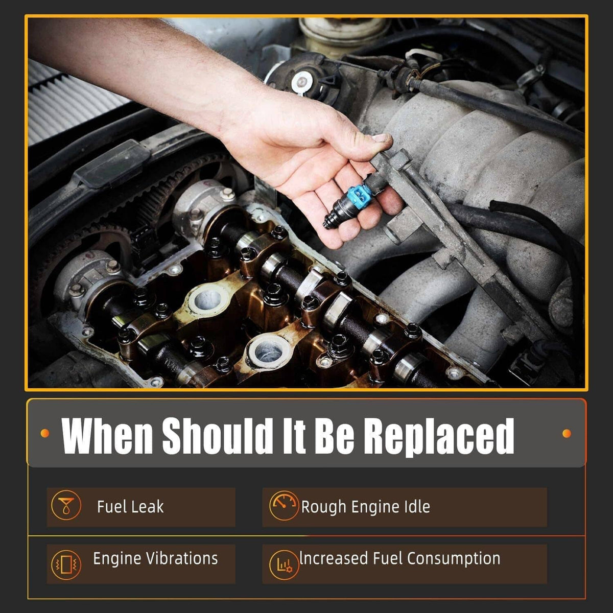 Hand installing a fuel injector into a vehicle engine bay, blue connector visible