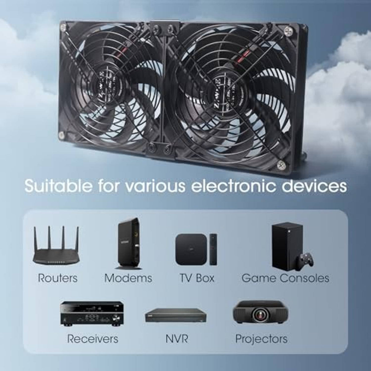 Dual 120mm USB cooling fan with two black fan blades under protective grille
