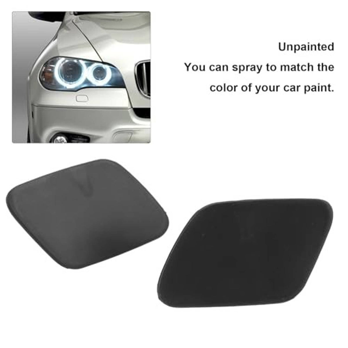 Two unpainted dark gray headlight washer cover caps, oval shape
