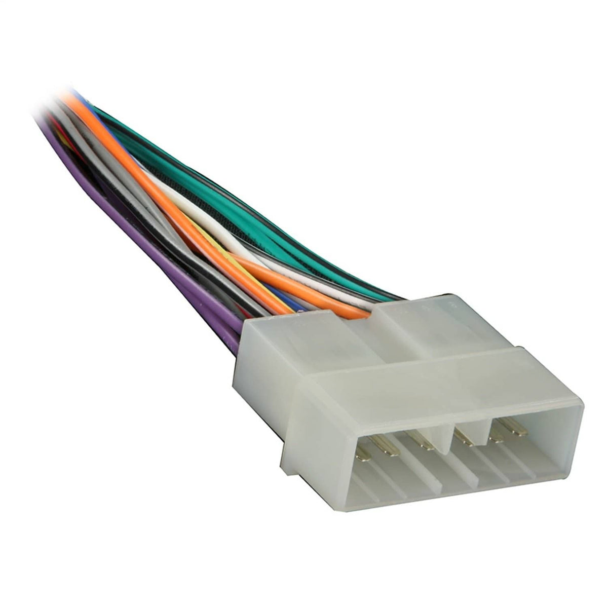 Car radio wiring harness with gray connector and multicolor speaker/power wires