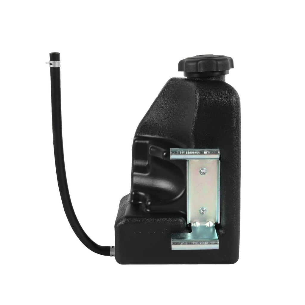 Black fuel tank with cap and metal bracket, with attached black fuel line
