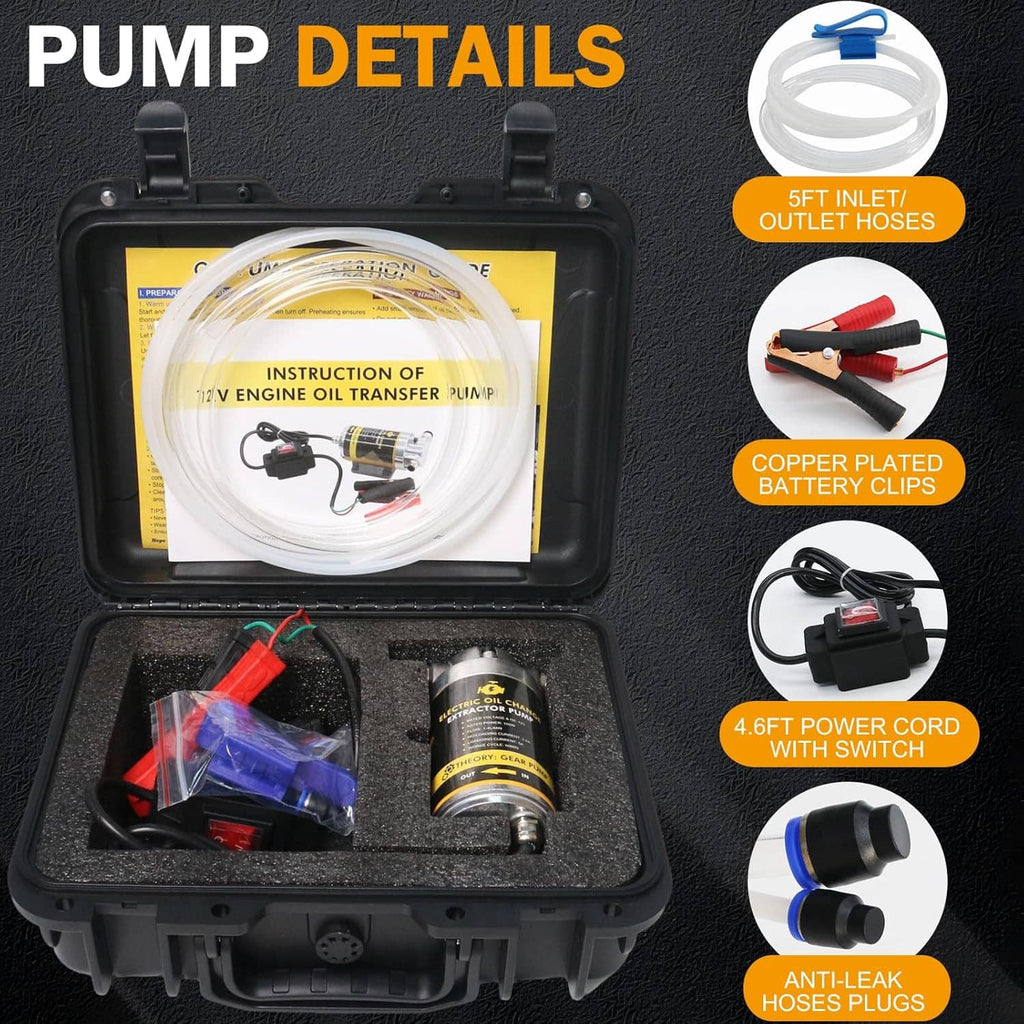 Oil extractor pump kit in black case with pump cylinder, hose clamps and power cord