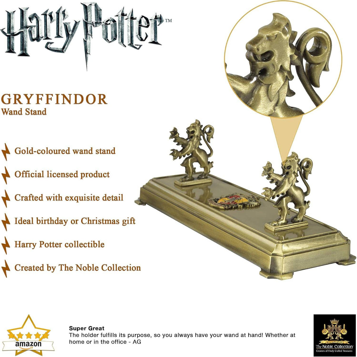 Gryffindor wand stand product card showing gold gryphon figures and pedestal base