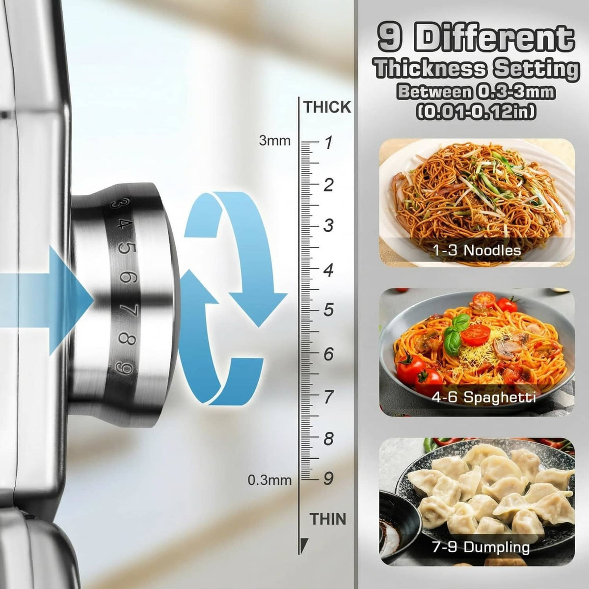 Pasta maker thickness settings scale with numbered 0–9 range indicator