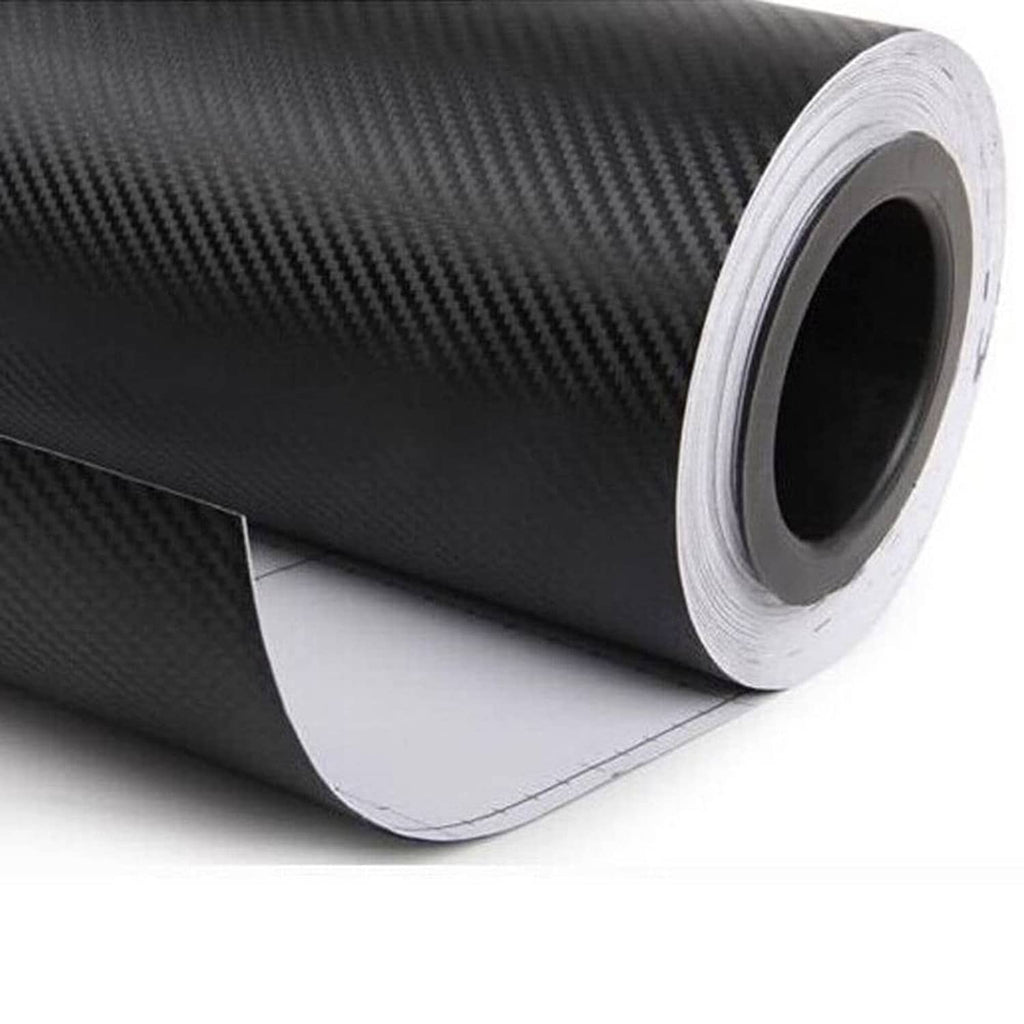 Black 3D carbon fiber twill film roll with metallic gray weave texture, unrolled edge