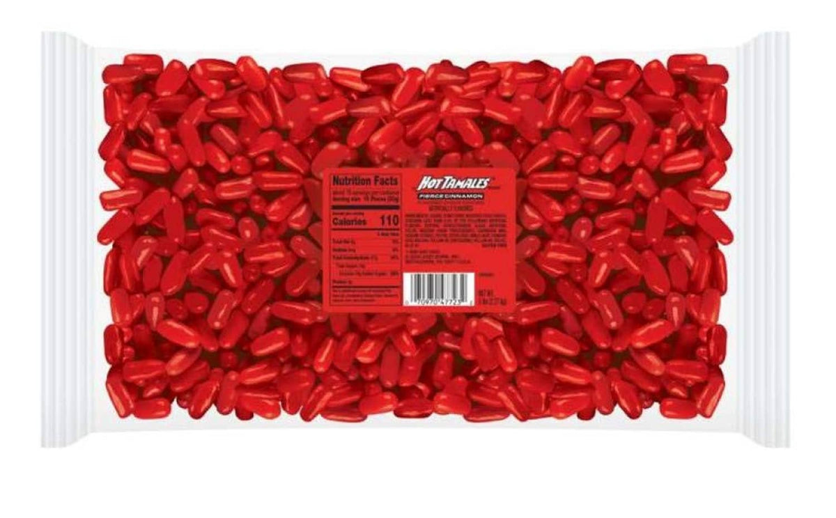 Hot Tamales cinnamon candies in a clear bag, red pieces with front label visible