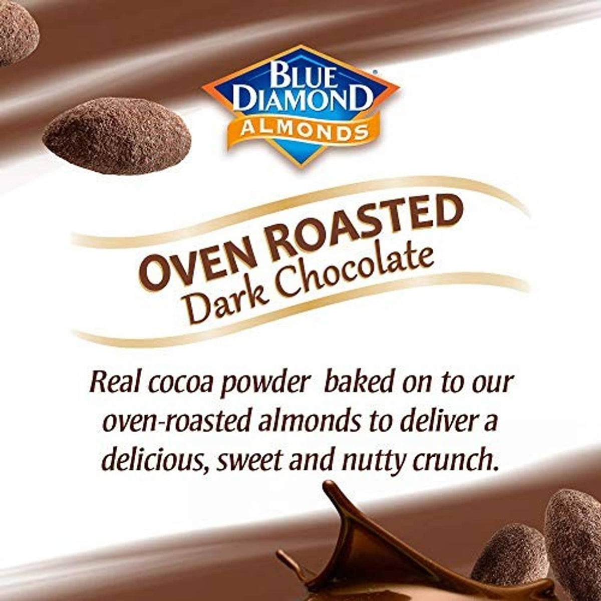 Blue Diamond oven roasted dark chocolate almonds label with cocoa almond illustration