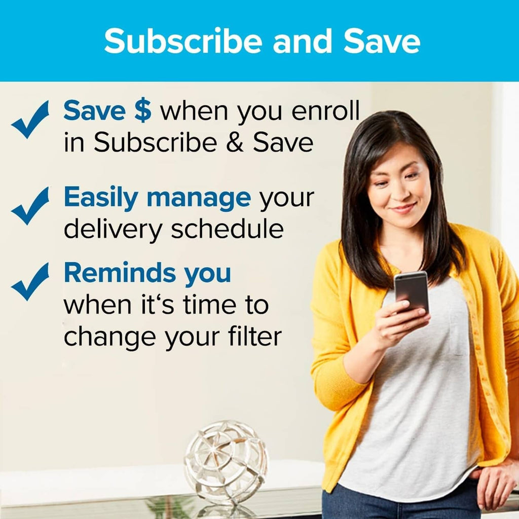 Air filter subscription promotion with a woman holding a phone (filter reminders)