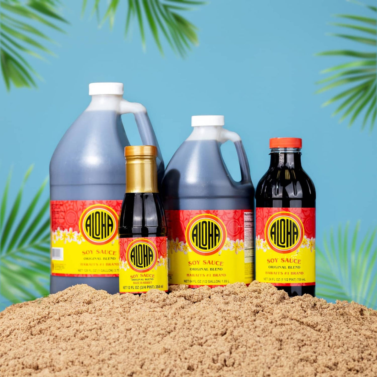 Assorted Aloha soy sauce bottles with red labels and white caps