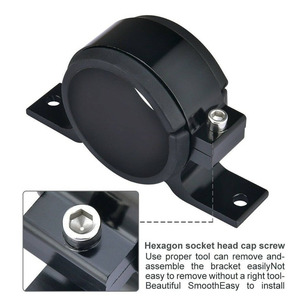 Black fuel pump mounting bracket with hex screw clamp and two-lug base plate