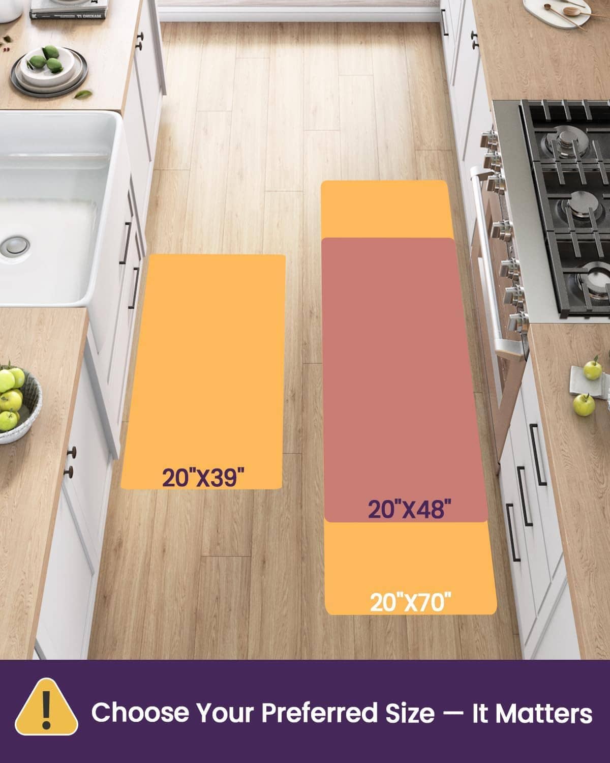 Kitchen mat size options shown on floor: 20x39, 20x48, 20x70
