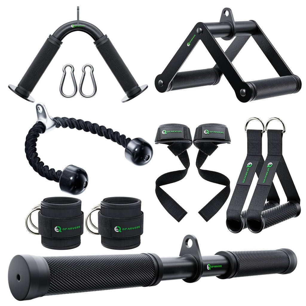 LAT pulldown cable attachment set with V-bar grips, rope, ankle straps and wrist wraps