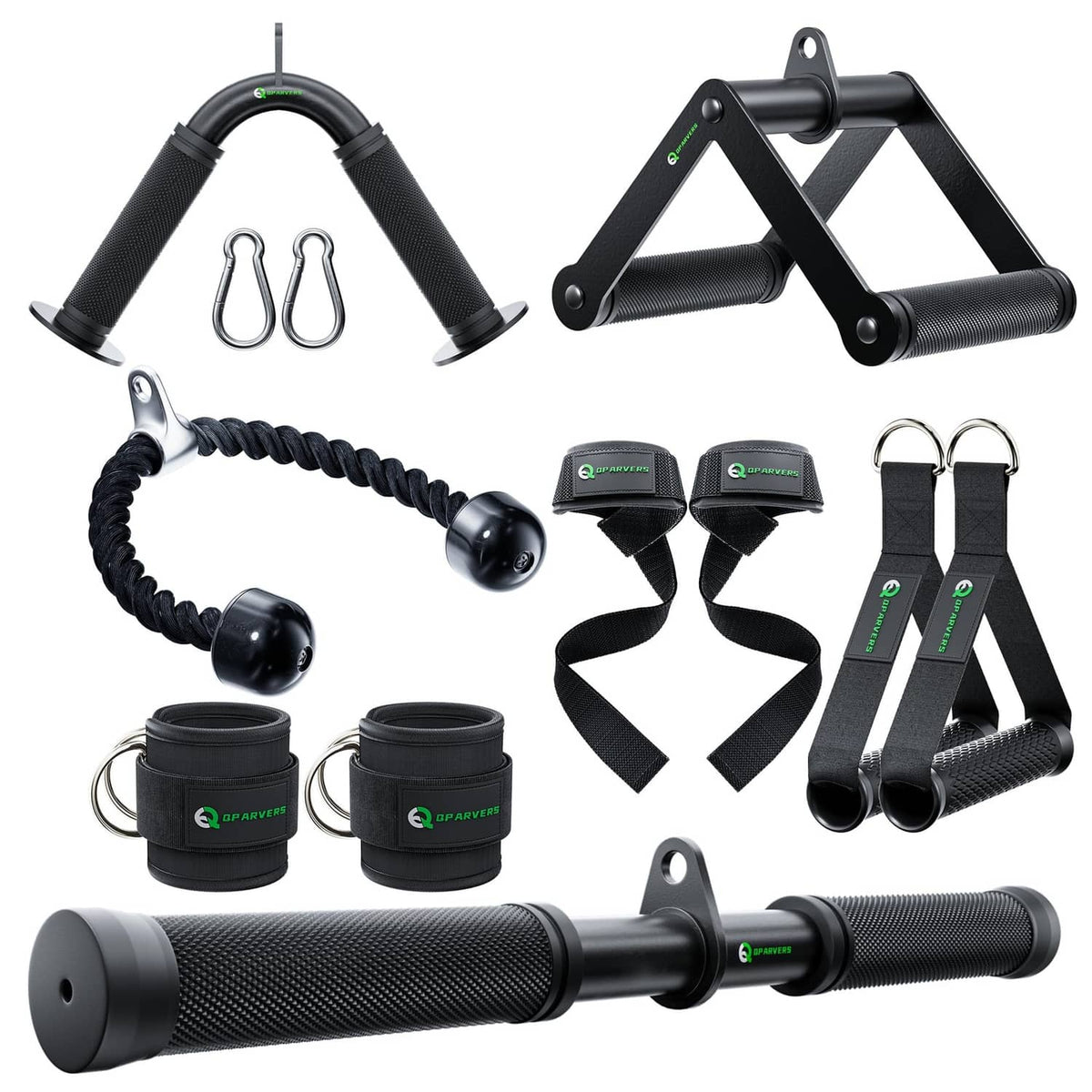 LAT pulldown cable attachment set with V-bar grips, rope, ankle straps and wrist wraps