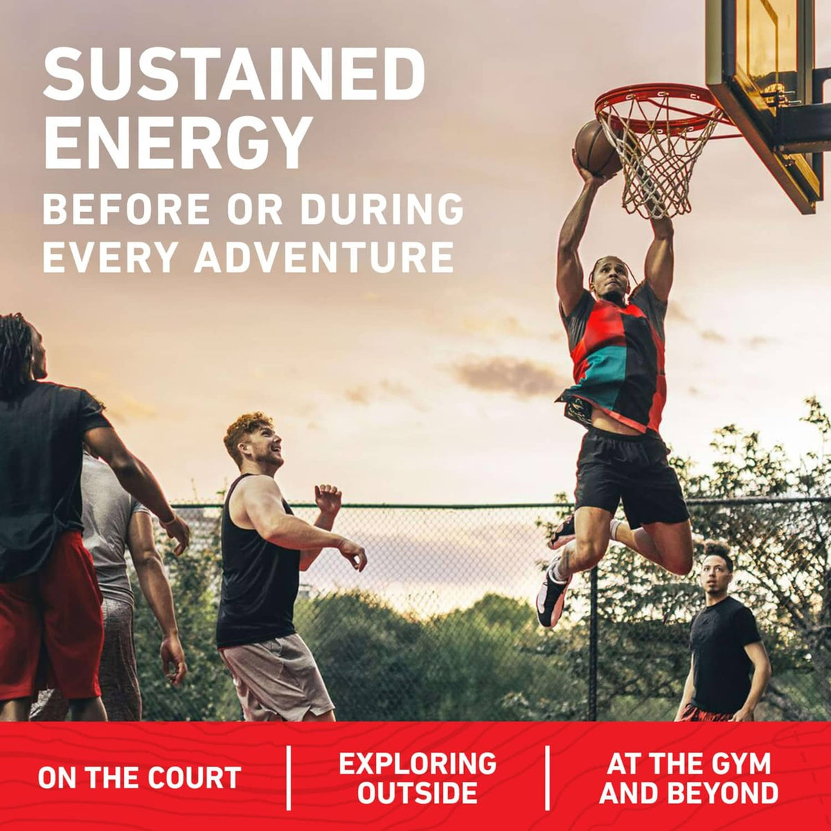 Promotional graphic for CLIF Bar energy with athletes and basketball hoop