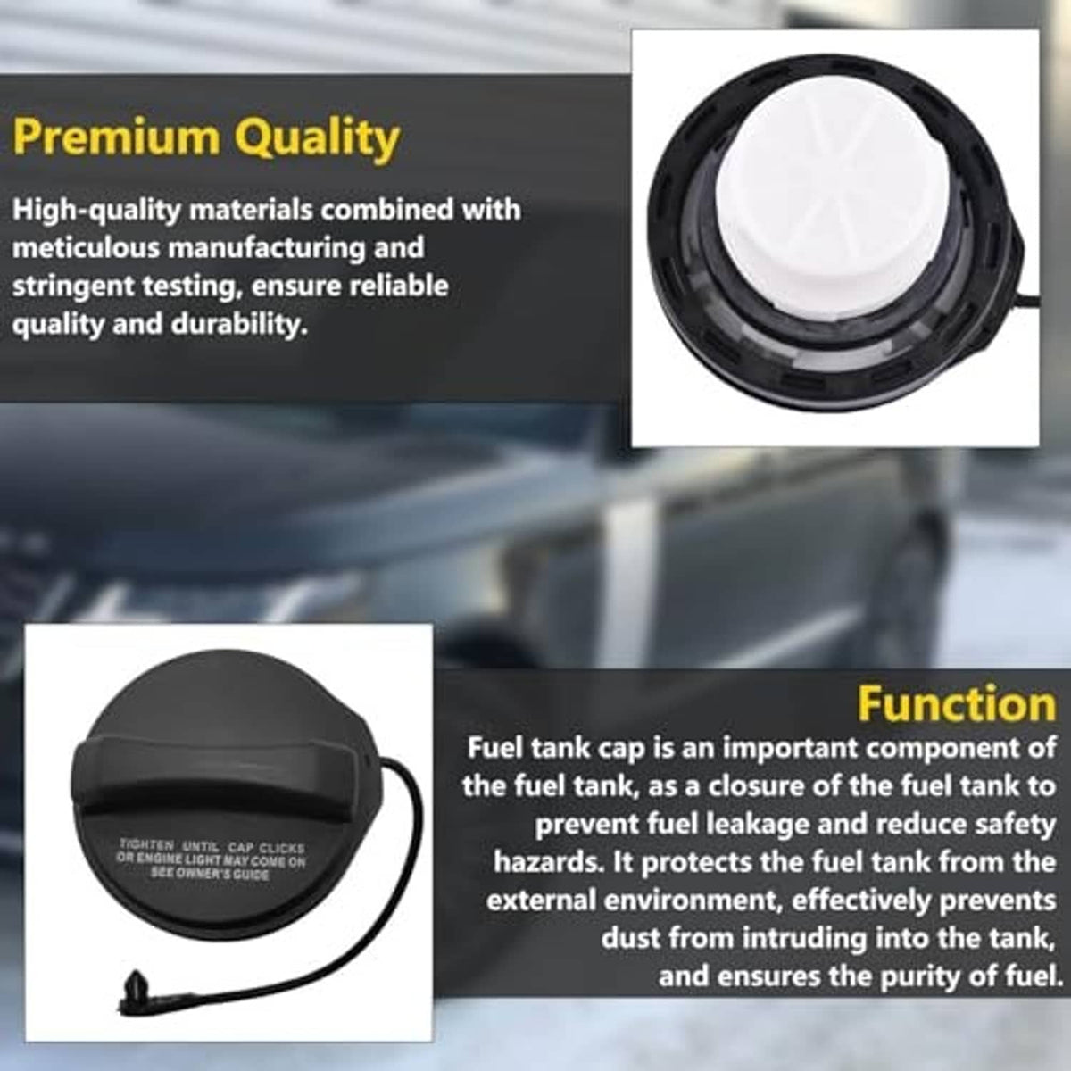Fuel tank fuel cap with white insert and black outer rim, round tethered design