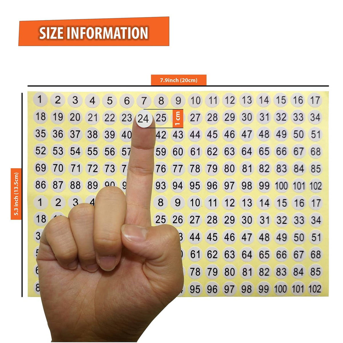 Close-up of round number stickers 1–102 on yellow backing with white circles, thumb pointing