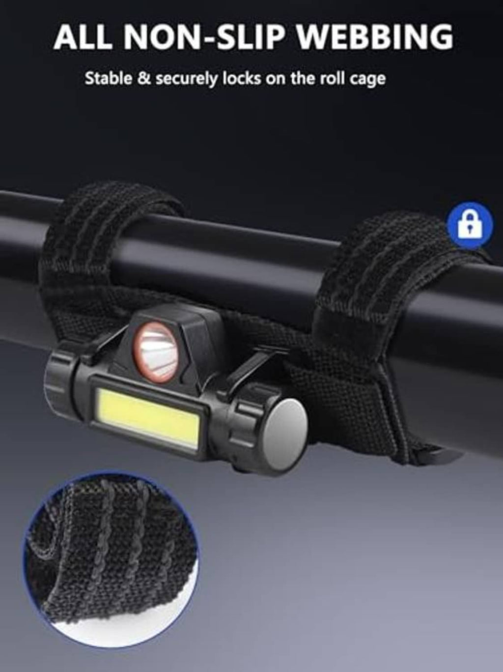 Black UTV roof light with textured non-slip webbing straps for roll cage mounting.