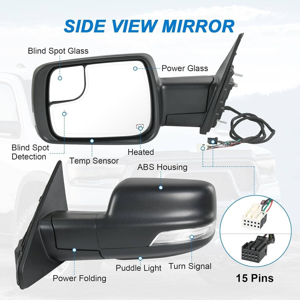 Left driver side power mirror with blind spot detection glass, black housing and wiring