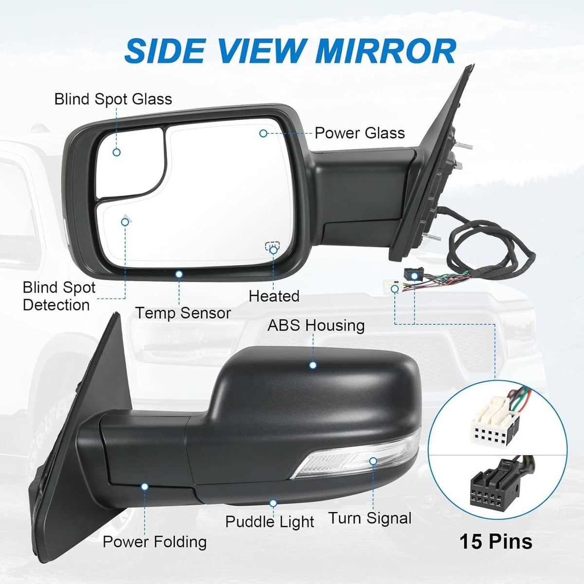 Left driver side power mirror with blind spot detection glass, black housing and wiring